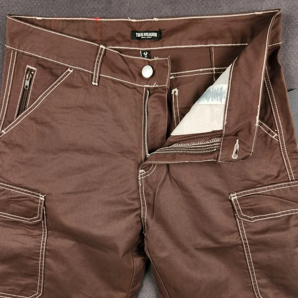 True Religion Cargo Shorts Mens 34 Bracken Brown‎ Contrast Big T Stitch NEW